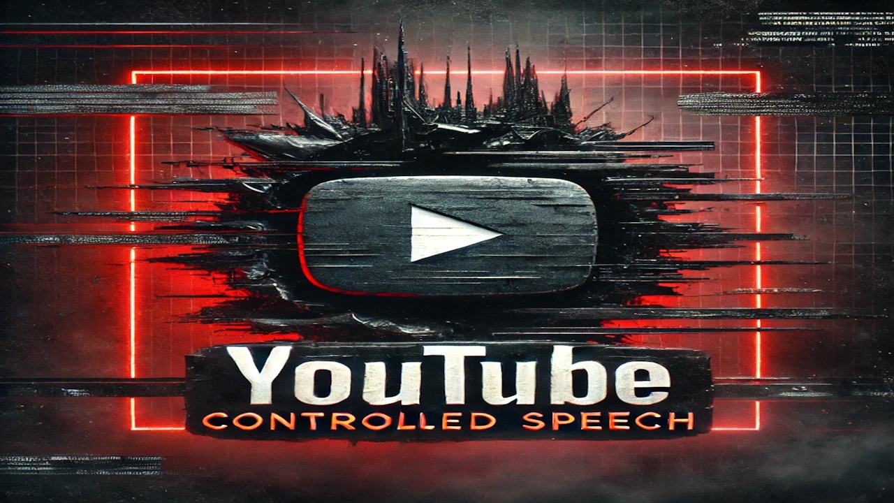 Dark YouTube thumbnail with a black-and-red theme, featuring the text 'CONTROLLED SPEECH' over a large YouTube logo, surrounded by chains, padlocks, and subtle surveillance imagery.